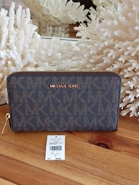 Michael Kors Brown and Gold Monogram Zip Wallet